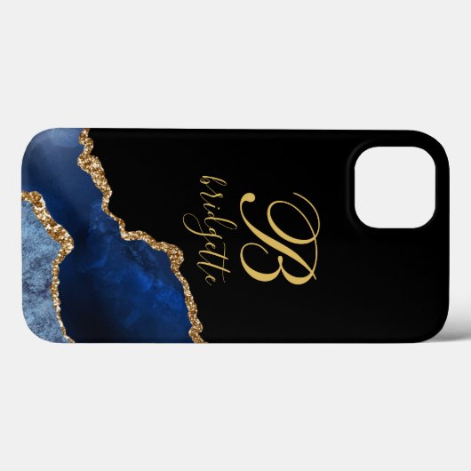 Coques Case-Mate iPhone Parties scintillant d'or bleu marine Agate Monogra (Verso (horizontal))