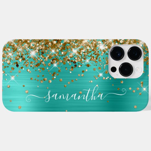 Coques Case-Mate iPhone Parties scintillant d'or Glam Turquoise Signature  (Verso (horizontal))