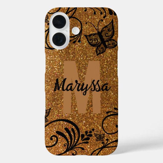 Coques Case-Mate iPhone Parties scintillant d'or noir Papillon Fleur Monog (Verso)