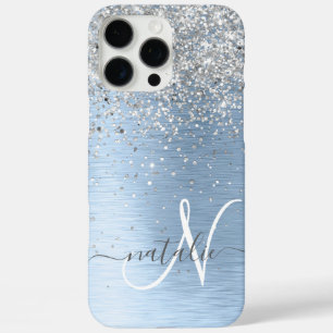 Coques iPhone 16 Pro Max Parties scintillant en argent brossé bleu Nom du m
