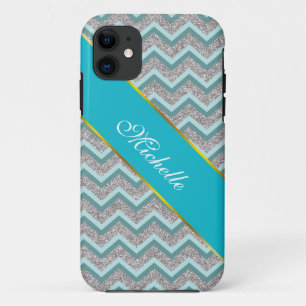 Coque iPhone 11 Parties scintillant en argent et ZigZag Turquoise