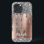 Case-Mate iPhone Case Parties scintillant en argent Rose or Monogramme m<br><div class="desc">Parties scintillant moderne, gris argent ceinturé goutte nom et coque iphone monogrammé. Ce design présente des gouttes brillantes de parties scintillant gris argenté (gris) sur arrière - plan en métal brossé rose rose avec personnalisation monogramme initial et modèle de texte de prénom. Un cadeau féminin parfait. Veuillez noter que ce...</div>