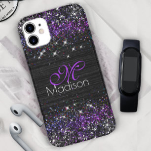 Coque Pour iPhone 14 Parties scintillant en métal brossé noir violet mo