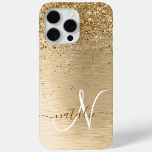 Coque iPhone 15 Pro Max Parties scintillant en métal brossé or Nom du mono