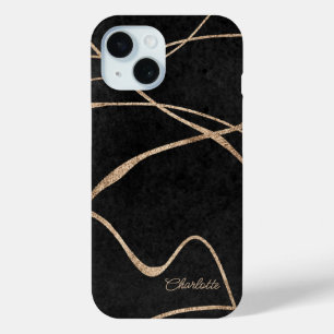Coque Pour iPhone 15 Parties scintillant en or noir moderne nom personn