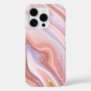 Coques iPhone 16 Pro Parties scintillant en or rose pourpre en marbre d