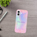 Coques iPhone 16 Parties scintillant holographique rose violet nom<br><div class="desc">Un arrière - plan holographique branché aux couleurs pastel unicorne et arc-en-ciel rose,  violet,  or rose,  vert menthe. Décoré avec des gouttes de parties scintillant en or rose,  rose et violet. Personnalisez et ajoutez un nom. Un peu de glamour quotidien pour égayer votre journée !</div>