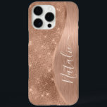 Coques iPhone 16 Pro Max Parties scintillant métal Rose or personnalisé<br><div class="desc">Personnalisez facilement ce boîtier rose en métal brossé or et en faux parties scintillant glamour à motif de téléphone avec votre propre nom personnalisé.</div>
