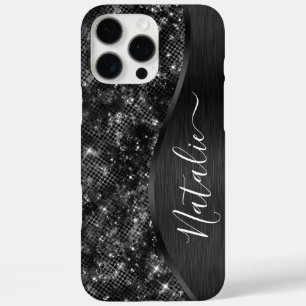 Coques iPhone 16 Pro Max Parties scintillant noire métallique personnalisée