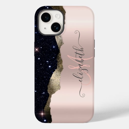Coques Case-Mate iPhone Parties scintillant noire moderne Rose or Monogram (Verso)