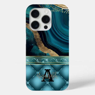 Coque iPhone 15 Pro Parties scintillant or Turquoise Agate Marbre Diam