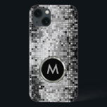 Coques Pour iPhone Parties scintillant rétro des séquences argentées<br><div class="desc">Séquence argentée métallique monogramée. La boule disco des années 70 est miroitante avec le bling et scintille. Recherchez ce design dans plusieurs tons. Rose bleu violet vert et peut être demandé dans votre couleur préférée. C'est un motif d'image et non une séquence réelle.</div>