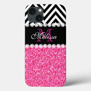 Etui iPhone 13 Parties scintillant ROSE CHEVRON NOIR MONOGRAM