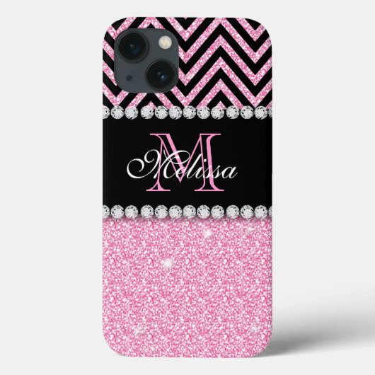 Coques Case-Mate iPhone Parties scintillant ROSE CHEVRON NOIR MONOGRAMMÉ (Verso)