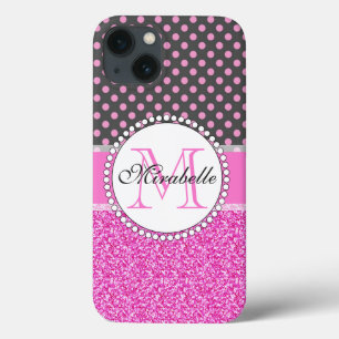 iPhone 13 Coque Parties scintillant rose et Pois roses sur gris No