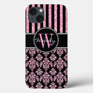 Coques Pour iPhone Parties scintillant rose imprimé noir Damas Votre