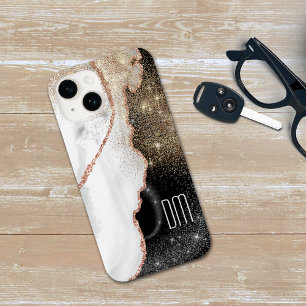 Coque Pour iPhone 14 Parties scintillant rose Marbre blanc or Monogramm