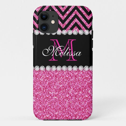 Coques Case-Mate iPhone Parties scintillant rose noir Chevron Monogramme (Dos)