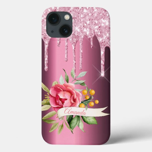 Coques Case-Mate iPhone Parties scintillant rose vif gouttes florales nom (Verso)