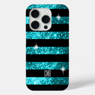 Coque iPhone 15 Pro Parties scintillant turquoise et bandes noires M
