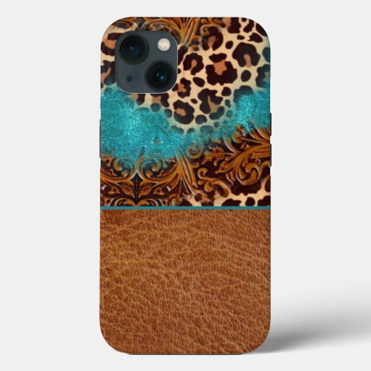 Coques Case-Mate iPhone Parties scintillant Turquoise Occidentale Léopard (Verso)
