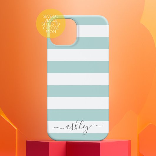 Coques Case-Mate iPhone Pastel doux Turquoise blanc rayé Motif gris Script