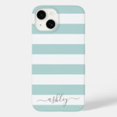 Coques Case-Mate iPhone Pastel doux Turquoise blanc rayé Motif gris Script (Verso)