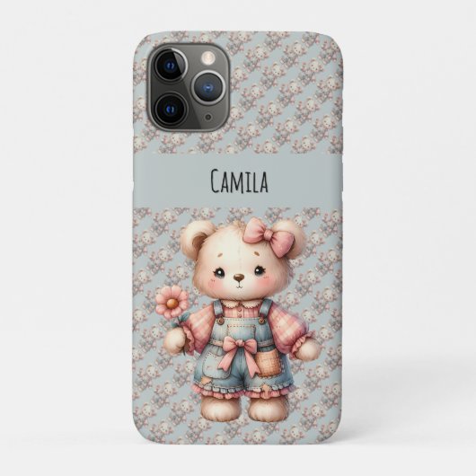 Coques Case-Mate iPhone Pastel Teddy Bear Holding Flower Wear Overalls (Dos)