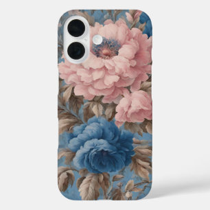 Coques iPhone 16 Pastel Victorien Bleu Et Fleurs Roses