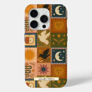 Coque iPhone 15 Pro Patchwork céleste bohémien avec symboles mystiques