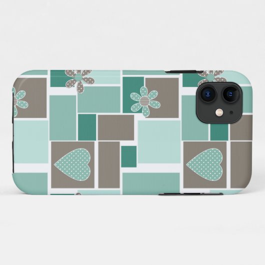 Coques Case-Mate iPhone Patchwork marron turquoise de carrés  (Dos (Horizontal))
