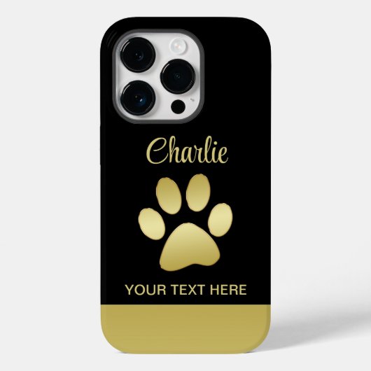 Coques Case-Mate iPhone Patte de chien brillante en or sur fond noir (Verso)