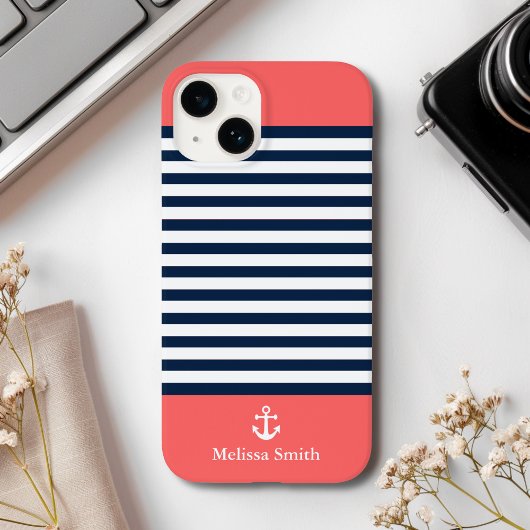 Coques Case-Mate iPhone Pattern Navy blue and white bands Orange