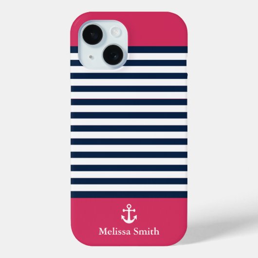 Coques Case-Mate iPhone Pattern Navy blue and white bands Red background (Verso)