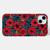 Coques Case-Mate iPhone Pavot rouge et brunes, feuilles bleus sur noir (Verso (horizontal))