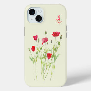Coque iPhone 15 Mini Pavot rouge prairie estivale, fleurs sauvages
