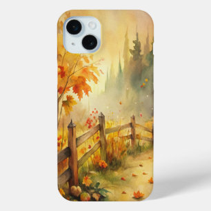 Coque iPhone 15 Mini Paysage automnal rustique à l'aquarelle