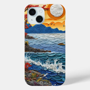 Coque Pour iPhone 15 Paysage côtier de vague océanique au coucher du so