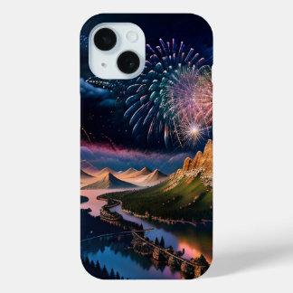 Coque Pour iPhone 15 Paysage de la rivière FireWorks Mountain Bridge Vi