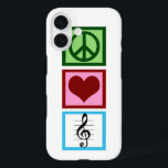 Coques iPhone 16 Peace Love Music<br><div class="desc">Un cadeau mignon pour un musicien avec un signe de paix,  un coeur,  et un symbole musical pour une clé trible.</div>