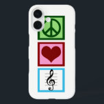 Coques iPhone 16 Peace Love Music<br><div class="desc">Un cadeau mignon pour un musicien avec un signe de paix,  un coeur,  et un symbole musical pour une clé trible.</div>