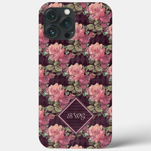 Coques Case-Mate iPhone Peach Flowers on Purple Diamonds Monogramme (Verso)
