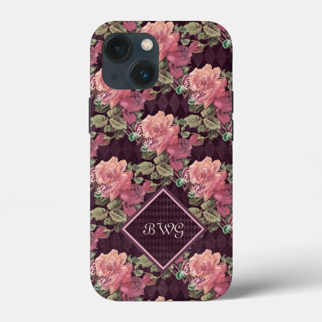 Coques Case-Mate iPhone Peach Flowers on Purple Diamonds Monogramme (Verso)