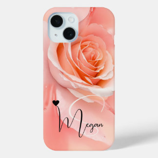 Coque Pour iPhone 15 Peach Fuzz Rose Arrière - plan Monogramme Nom Coeu