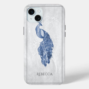 Coque iPhone 15 Mini Peacock Elégant Bleu Personnalisé