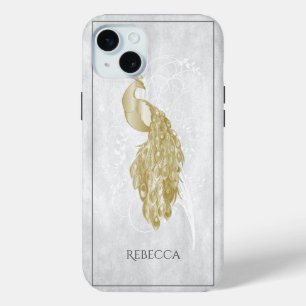 Coque iPhone 15 Mini Peacock Gold Elegant Personnalisé