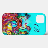 Coques Case-Mate iPhone PEACOCKS EN AMOUR MONOGRAM Turquoise Bleu (Verso (horizontal))