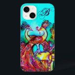 Coque Pour iPhone 14 PEACOCKS EN AMOUR MONOGRAM Turquoise Bleu<br><div class="desc">Elégante peinture à l'aquarelle fantaisie avec feuille d'or et d'argent.</div>