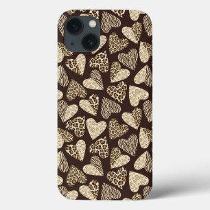 iPhone 13 Case Peau d'animal avec des coeurs