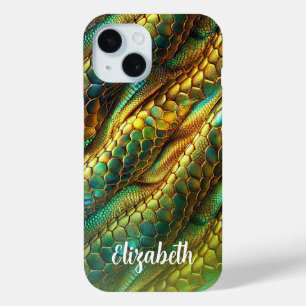 Coque Pour iPhone 15 Peau de serpent vert et or design ombre